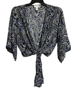Japna  Womens Leaf Print Tie-Front Kimono Sleeve Beach Swim Coverup Size Small